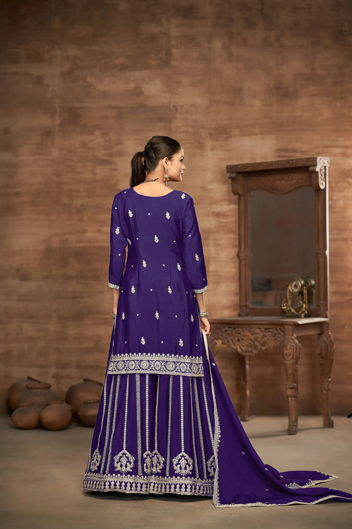 Purple Chinon Palazzo Salwar Suit With Thread & Sequins Embroidery Work - qivii