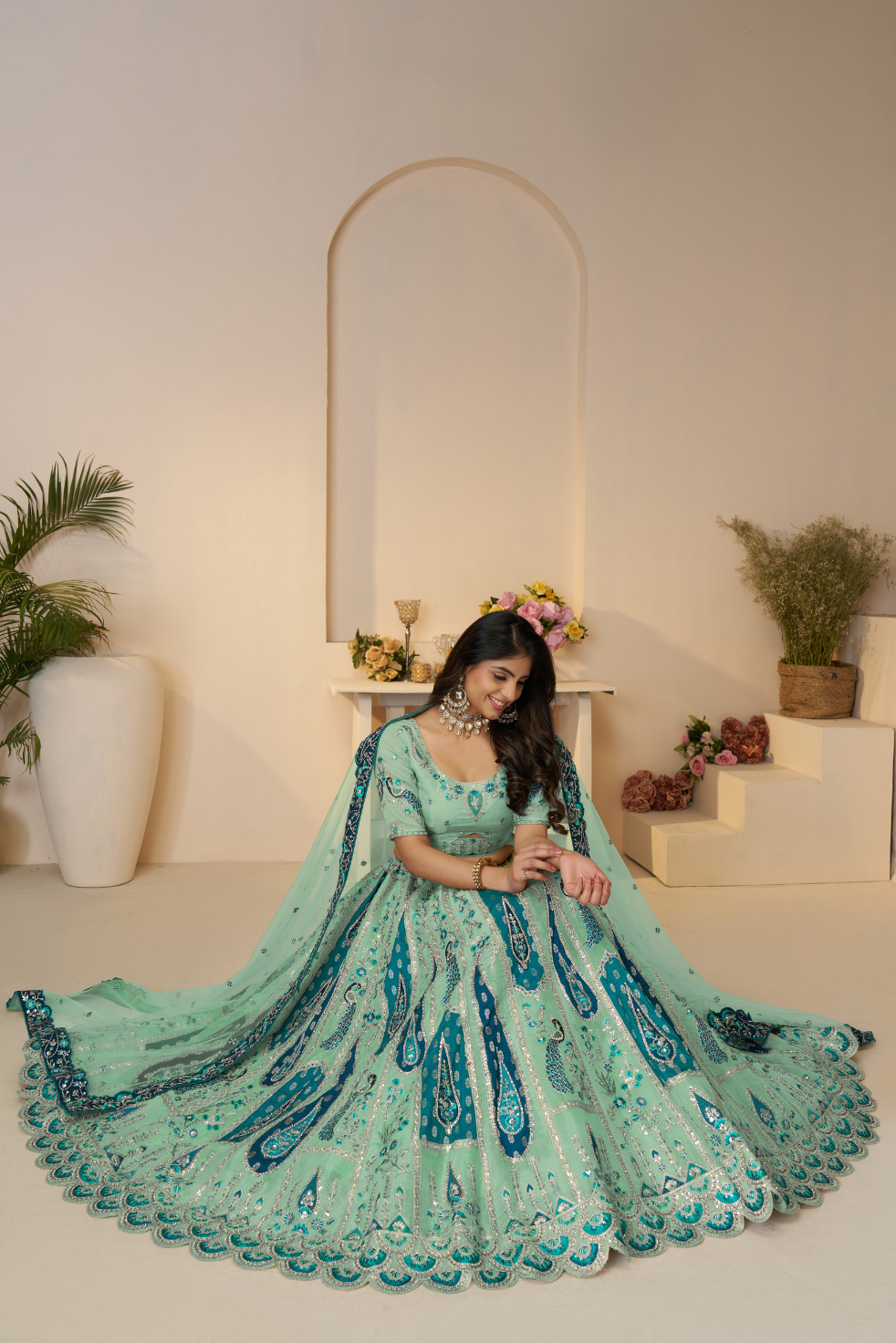 Royal Grandeur Sky Blue Bridal Lehenga with Paisley and Peacock Embroidery - qivii