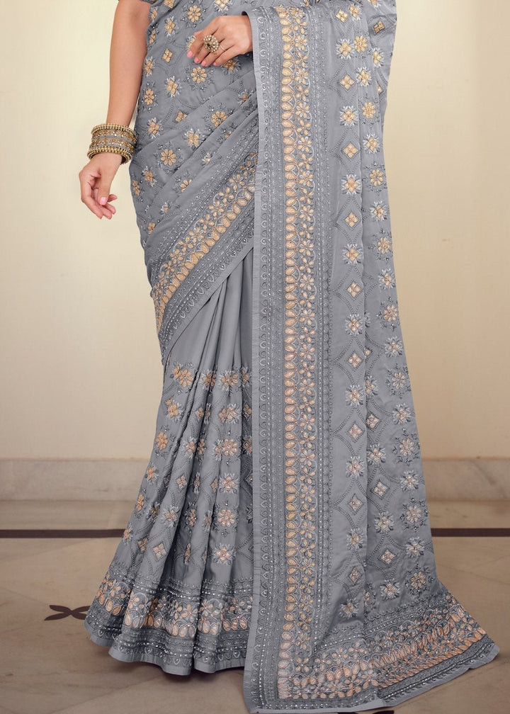 Flint Grey Designer Satin Georgette Saree with Gota & Resham work - qivii