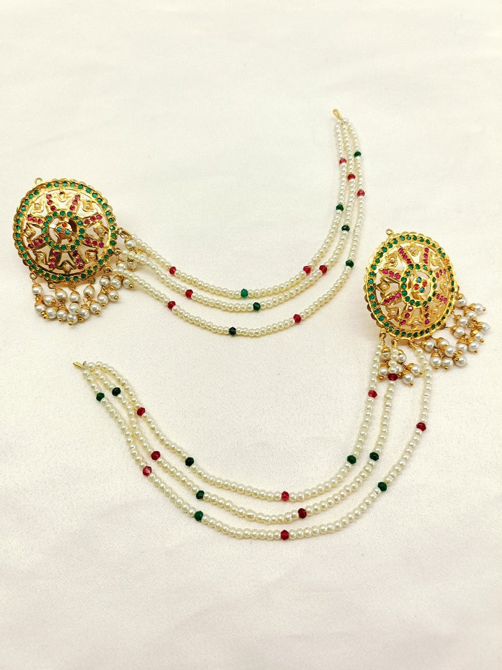 Triguni Multi Colour Jadau Earrings With Side Chain - qivii