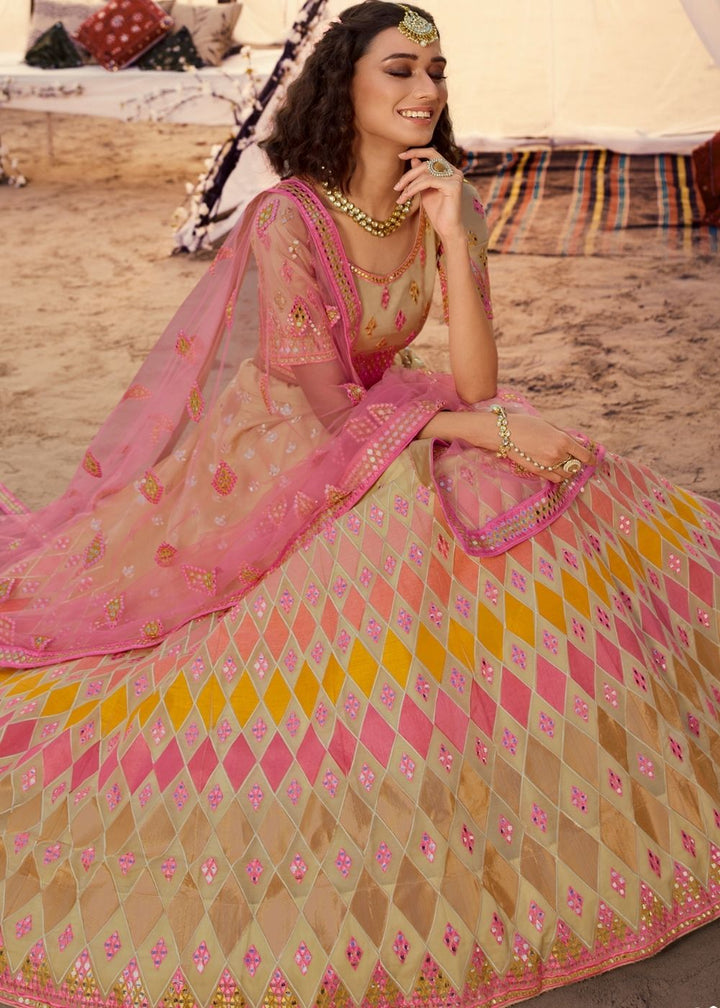 Beige Organza Lehenga Choli with Thread, Foli and Mirror work | Ready To Wear - qivii