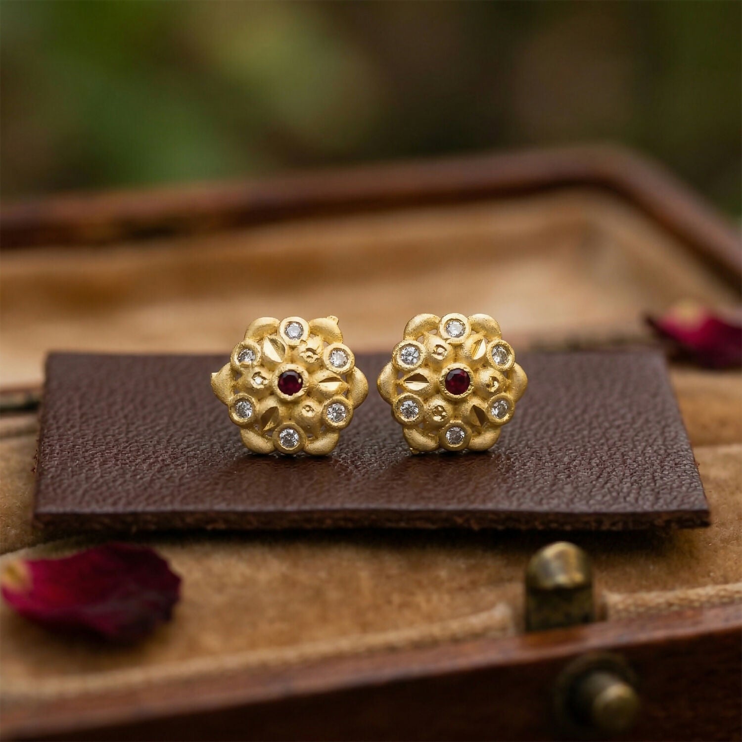 Modern Circular Gold Stud Earrings with Crystal Triangle Design