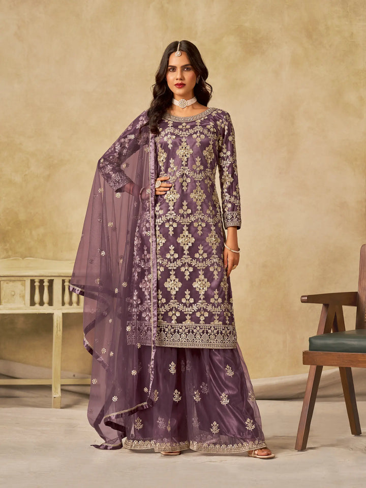 Dull Purple Net Palazzo Suit With Sequins Embroidery - qivii