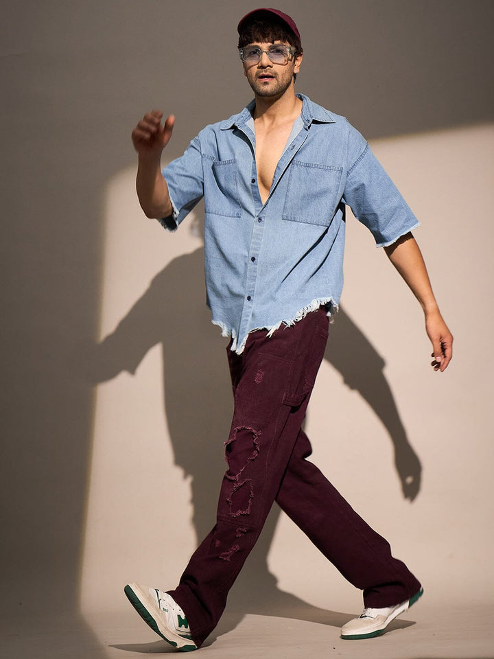 Ice Damaged Hem Short Sleeve Oversized Shirt