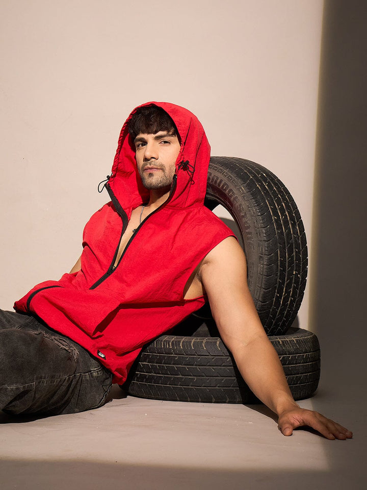 Red Crushed Nylon Sleeveless Windbreaker Jacket