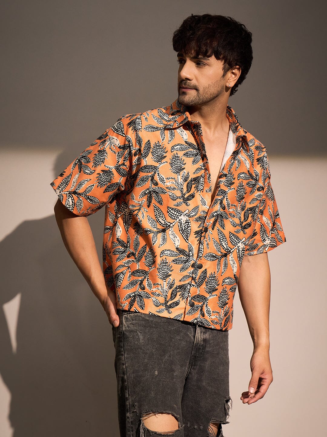 Orange Floral Print Cropped Shirt