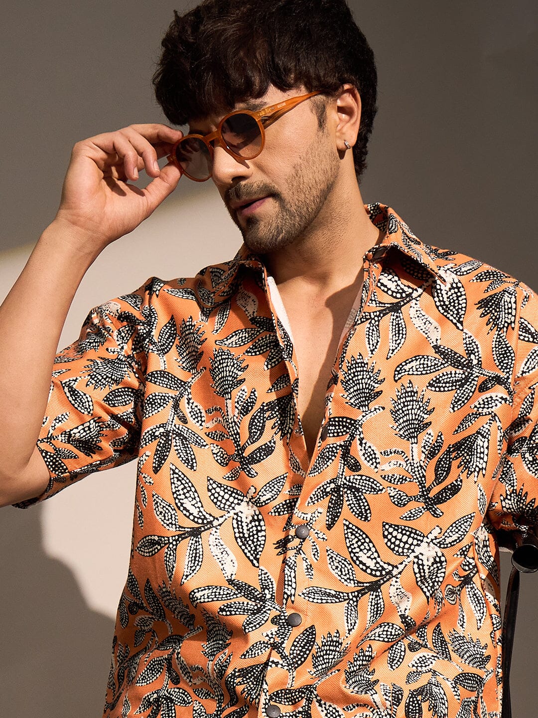 Orange Floral Print Cropped Shirt