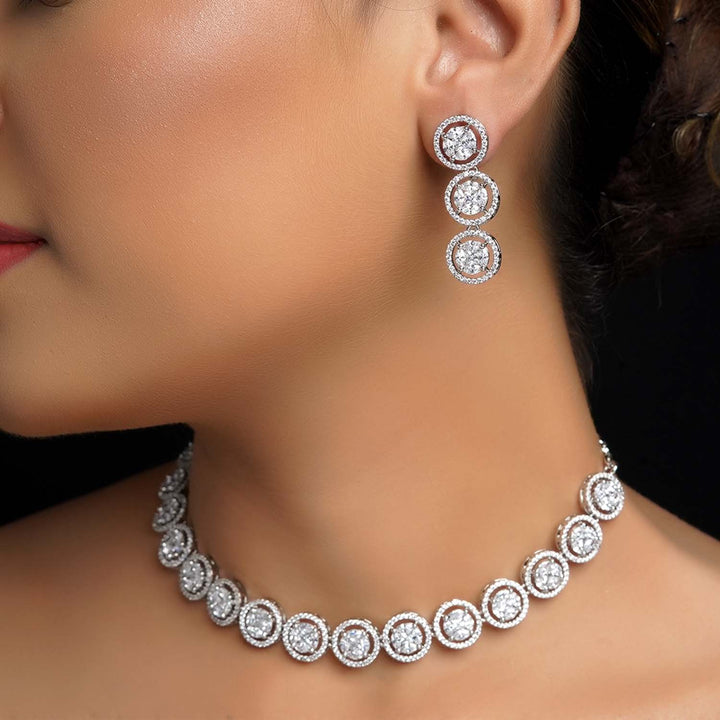 Elegant silver plated necklace set with American diamond pressure setting