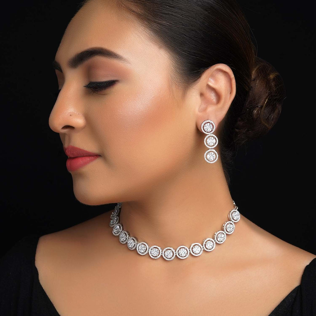 Kaaynaat Diamond Neck Line Silver Plated Necklace Set pressure setting necklace with beautiful earrings