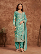 Sky Blue Dola Silk Palazzo Salwar Suit With Thread & Sequins Embroidery Work