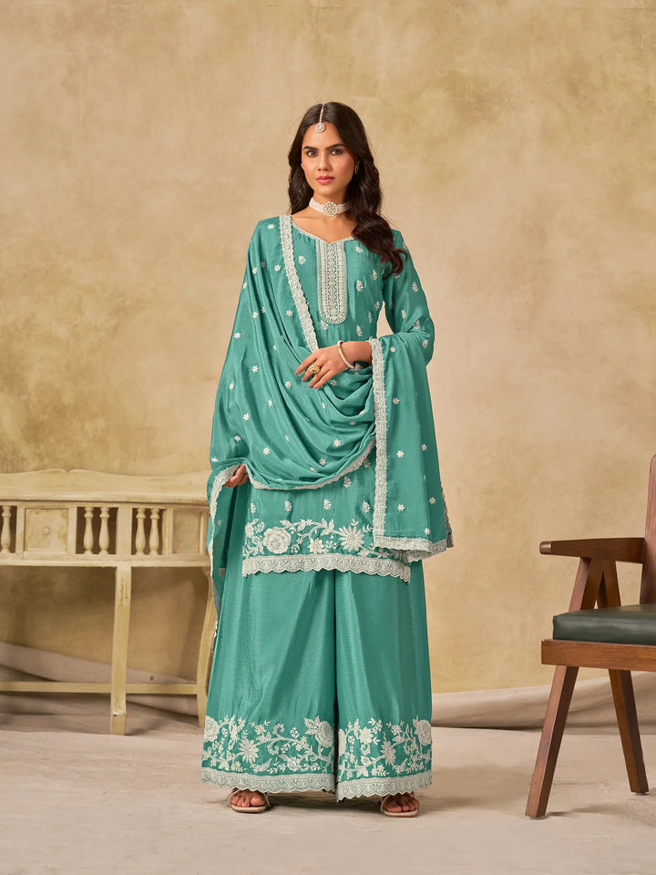 Sky Blue Chinon Embroidery Work Palazzo Suit - qivii