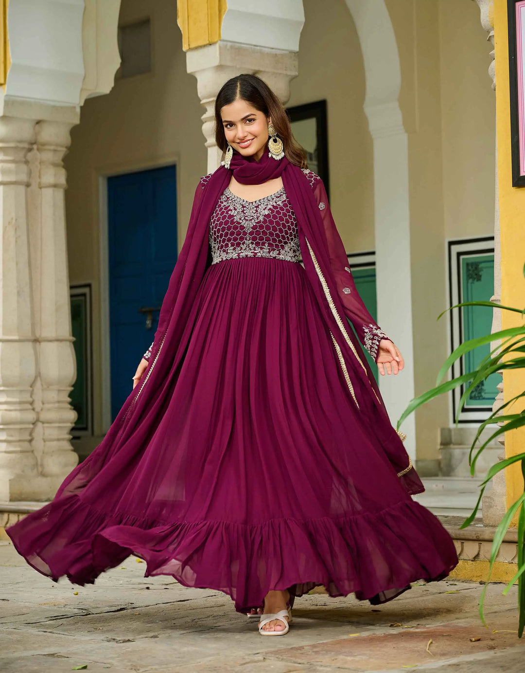 Dark Maroon Gown With Beads Embroidery Work
