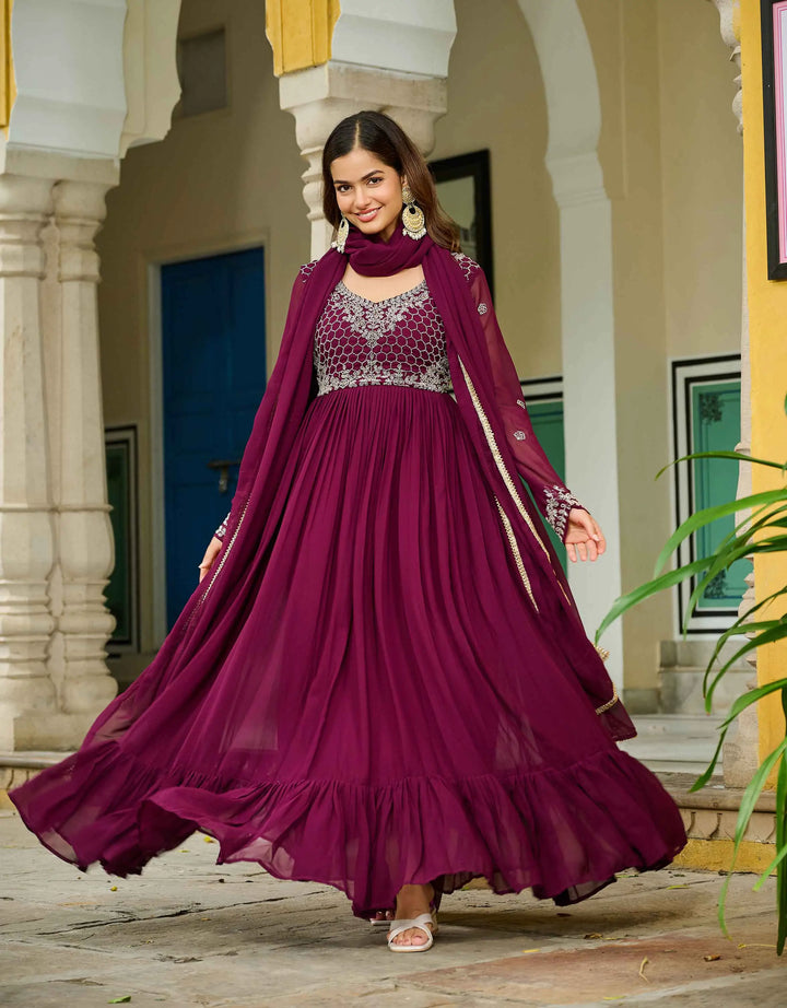 Dark Maroon Gown With Beads Embroidery Work