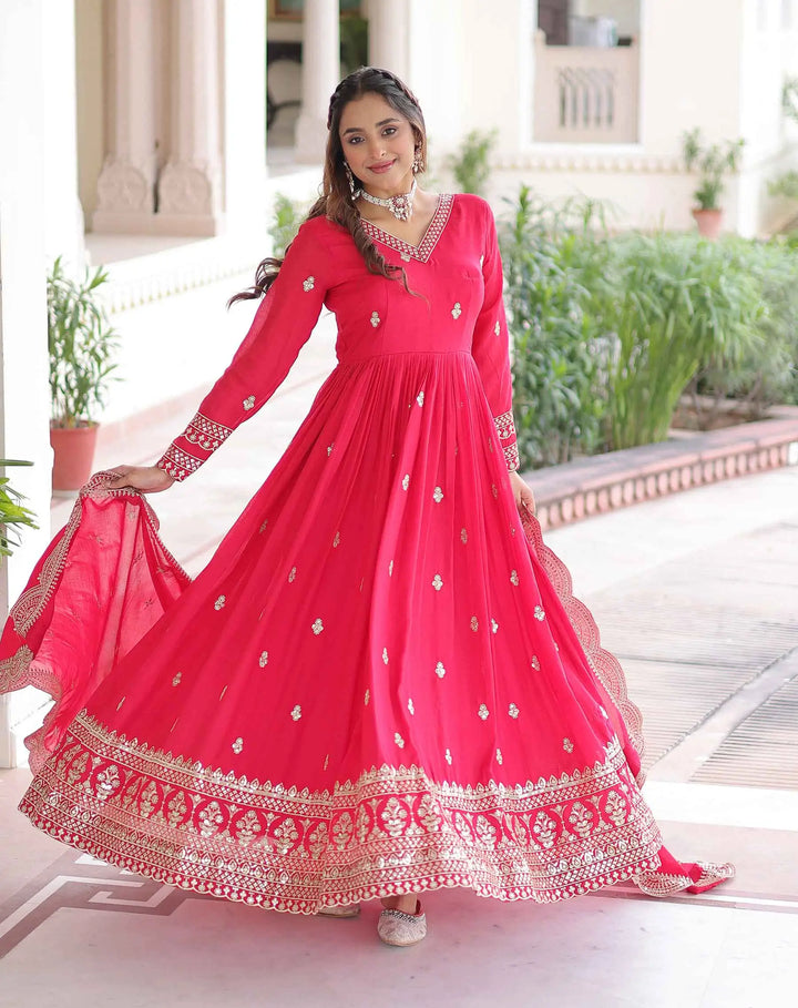 Pink Silk Gown With Sequins Embroidery Work