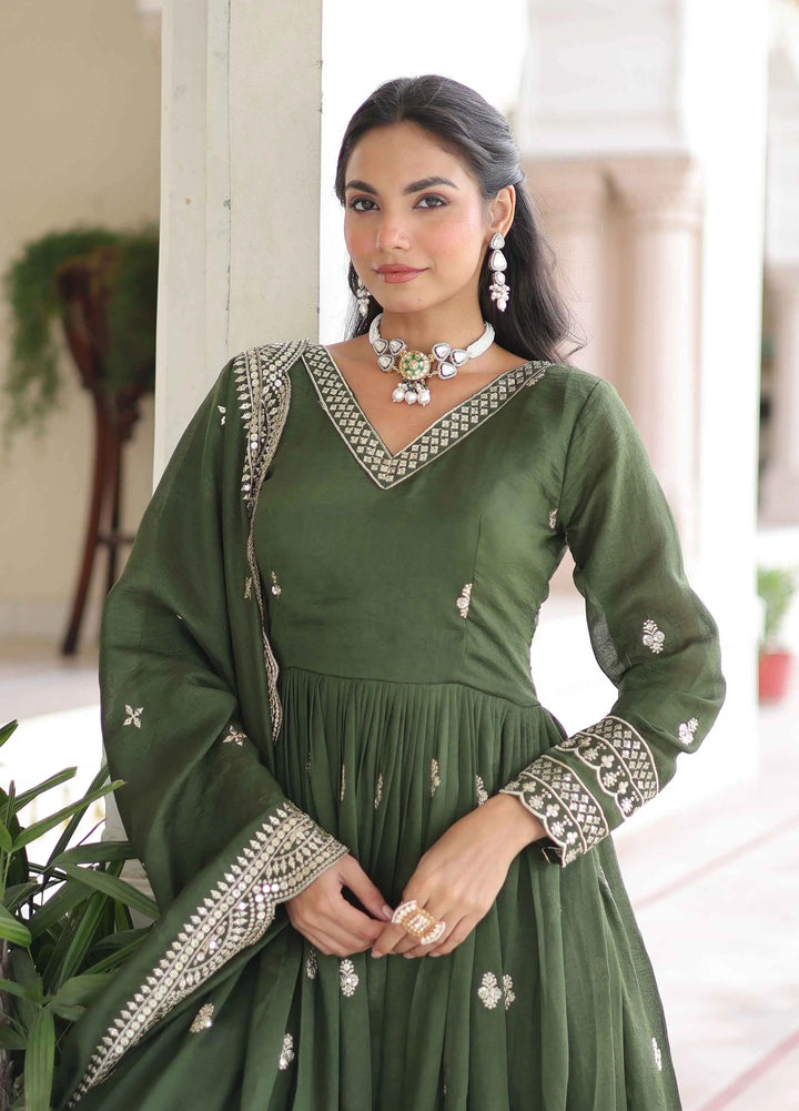 Dark Green Sequins Embroidery Work Gown