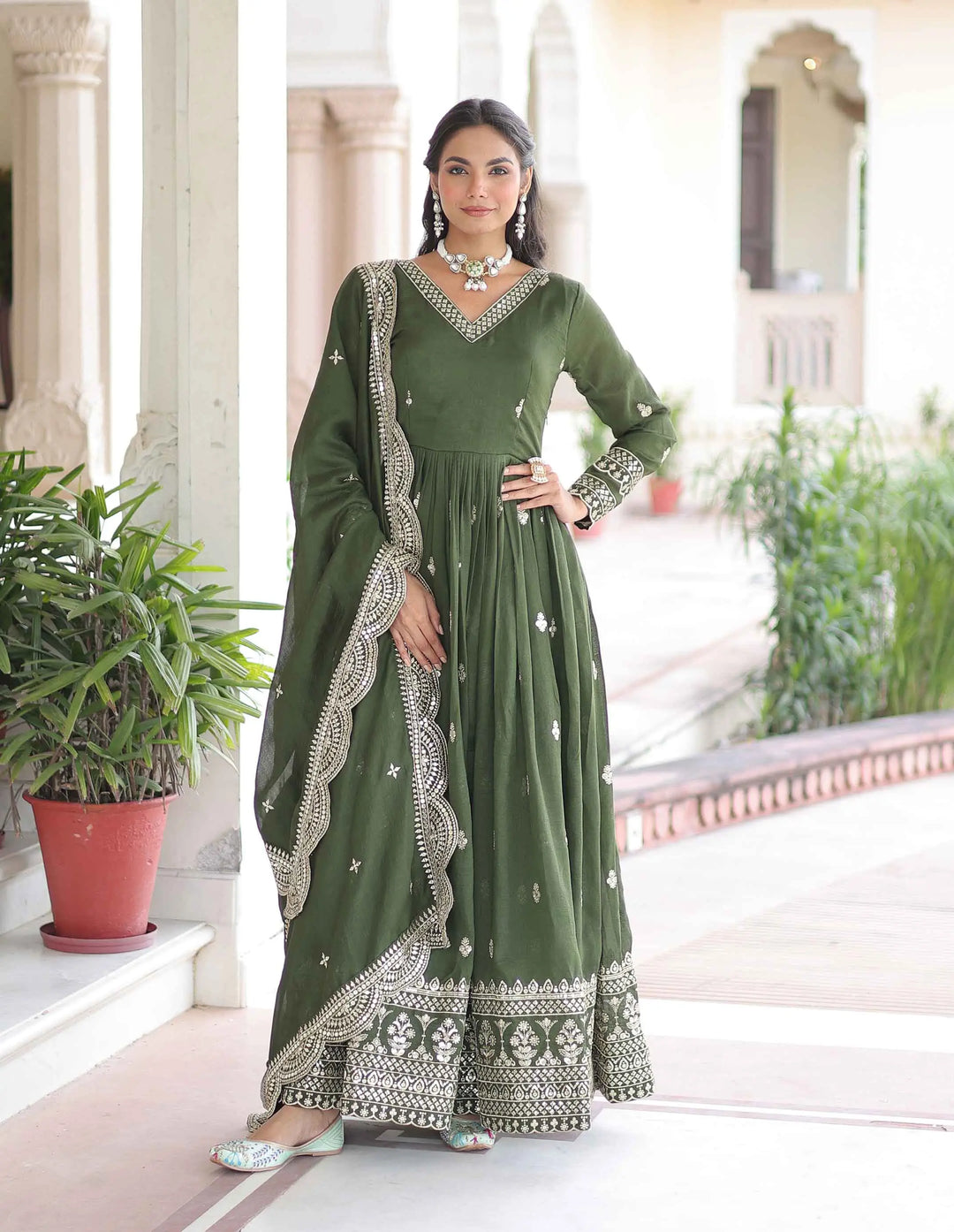 Dark Green Sequins Embroidery Work Gown