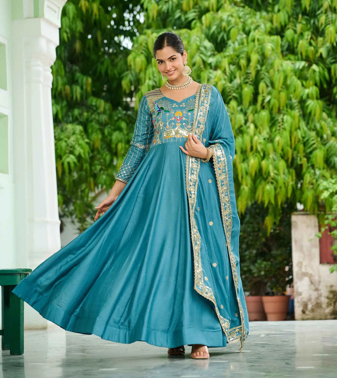 Teal Blue Embroidery Work Silk Gown