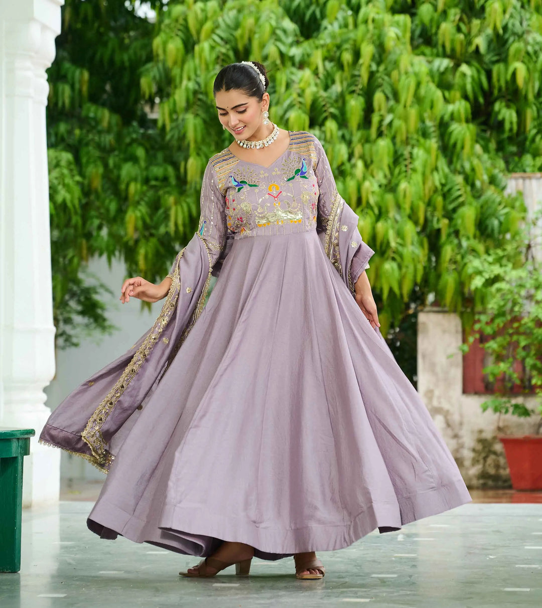 Onion Sequins Embroidery Work Silk Gown