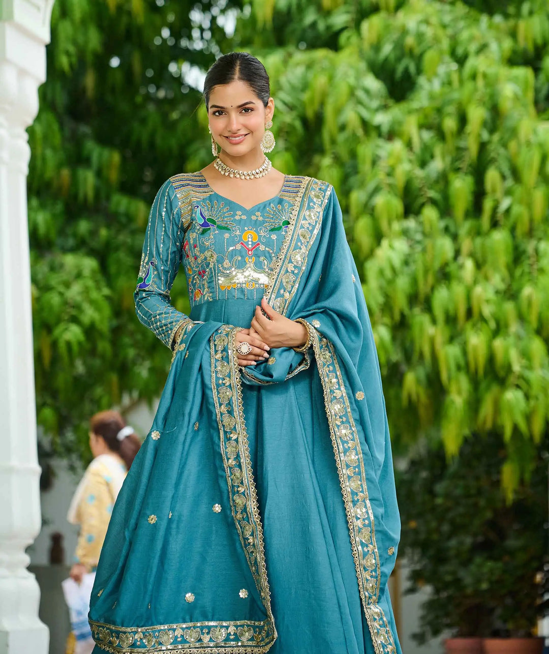 Teal Blue Embroidery Work Silk Gown