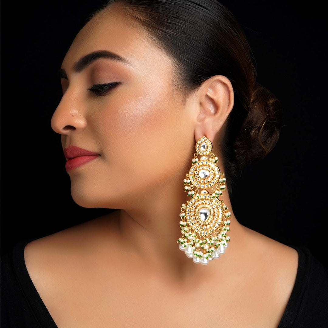 Isha Pista Green Stone Gold Plated Kundan Earrings with small beads and pearls hanging