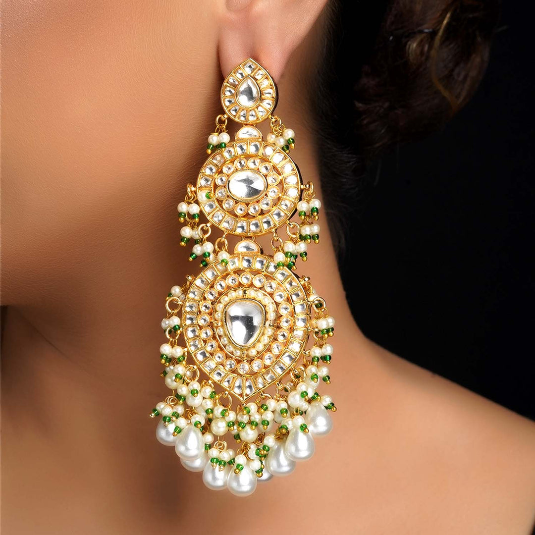 Traditional Heavy Kundan Long Earrings With Small Beads And Pearls Hanging - Gold Plated Brass Metal With Kundan And Pearls