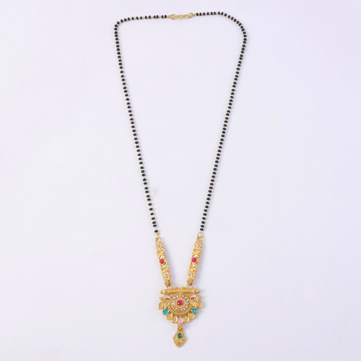 Antique Finish Lotus Medallion with Turquoise Drops & Ruby Stone Single Strand Mangalsutra