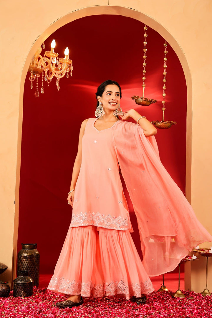 Ragavi Peach Whisper Chinon Sharara Set