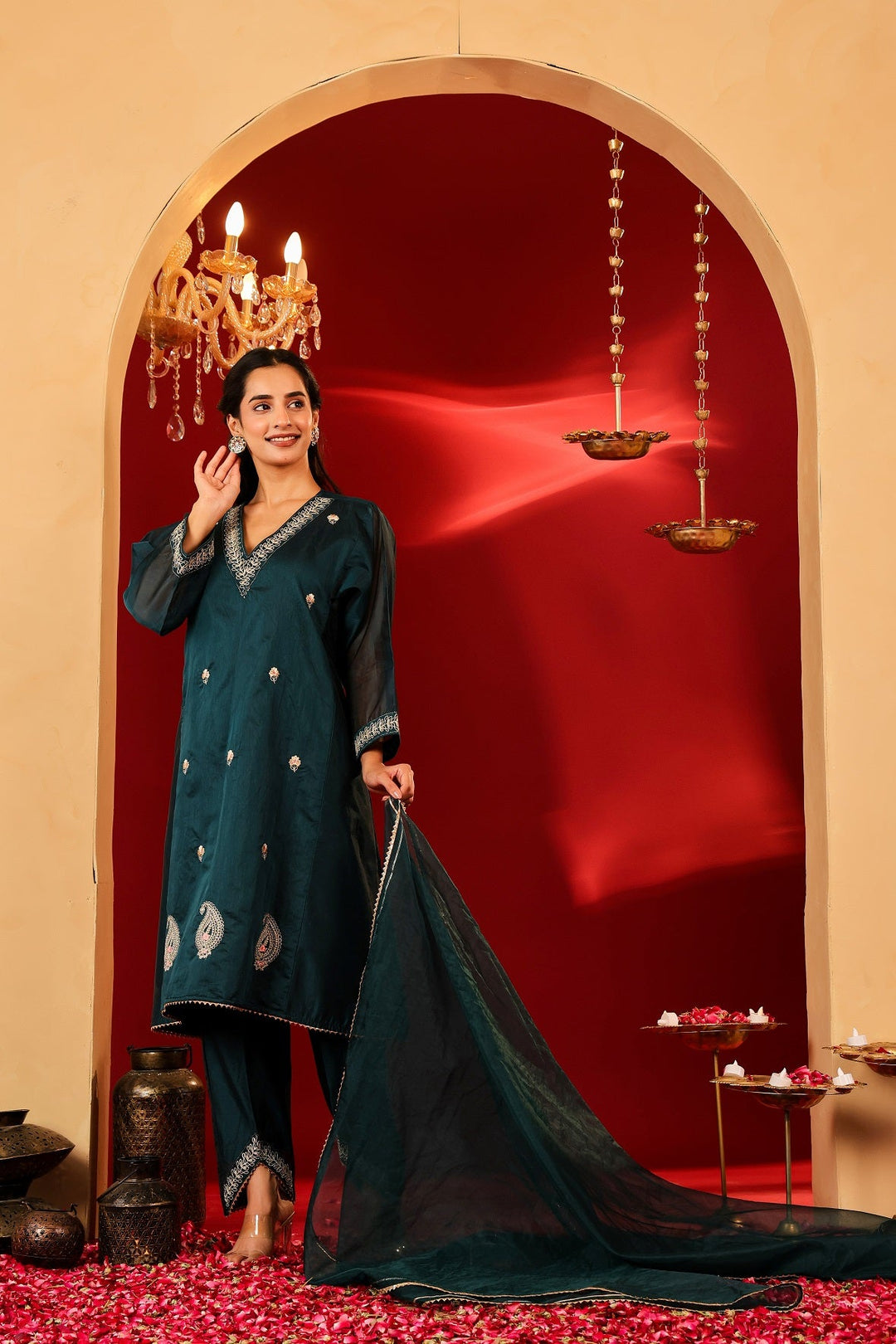 Ragavi Dark Teal Chanderi Kurta Set