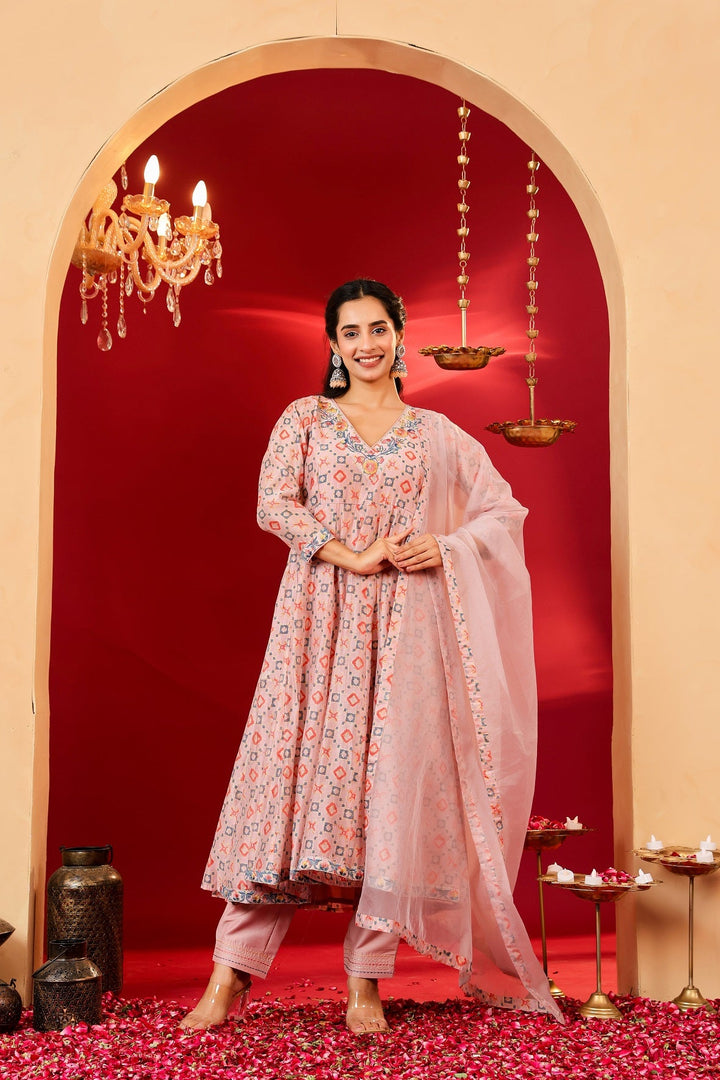 Ragavi Blush Pink Printed Chanderi Kurta Set
