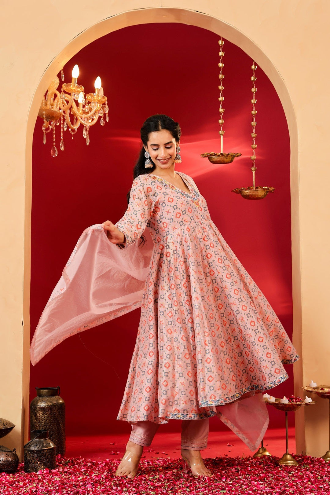 Ragavi Blush Pink Printed Chanderi Kurta Set