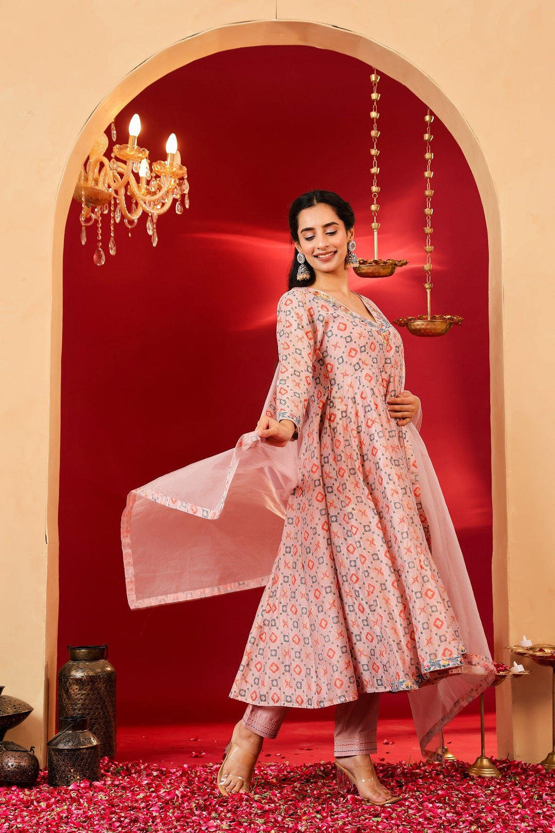 Ragavi Blush Pink Printed Chanderi Kurta Set