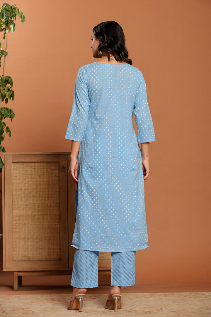 Sky Blue Printed Cotton Kurta Set - qivii