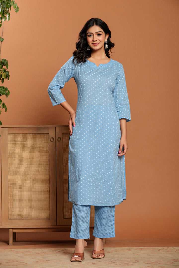 Sky Blue Printed Cotton Kurta Set - qivii