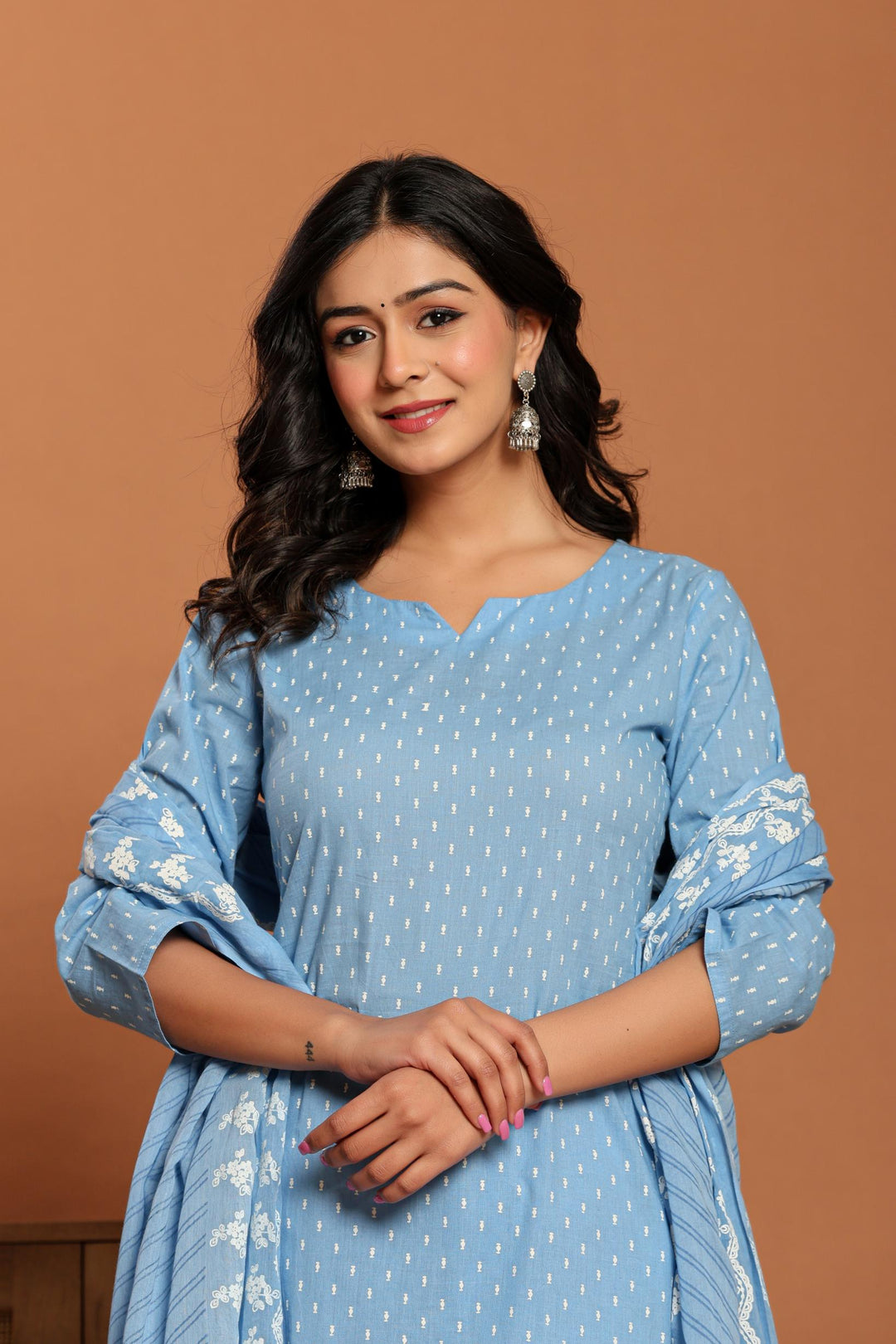 Sky Blue Printed Cotton Kurta Set - qivii