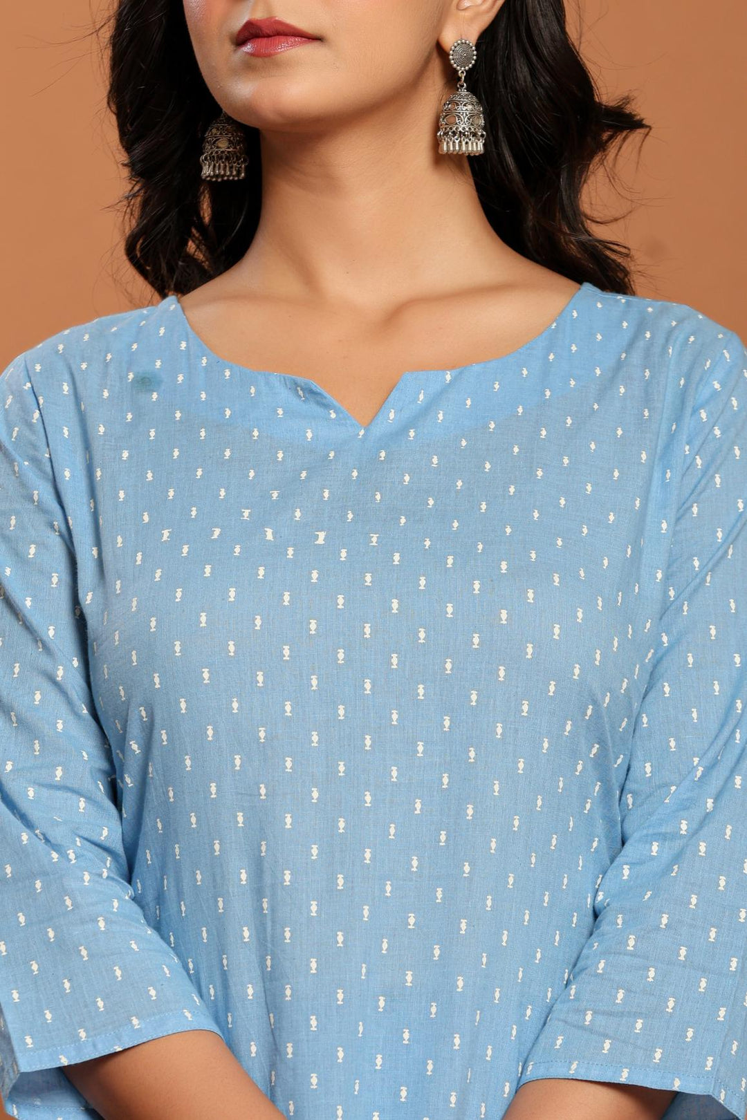 Sky Blue Printed Cotton Kurta Set - qivii