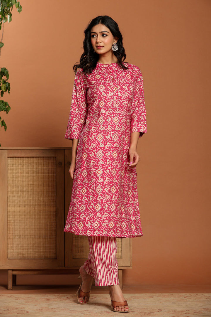 Pink Printed Rayon Kurta Set - qivii
