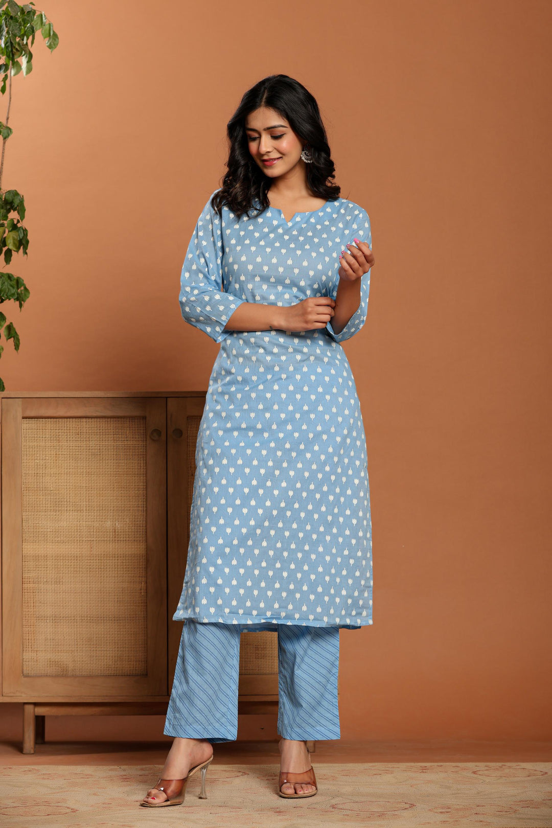 Sky Blue Printed Cotton Kurta Set - qivii