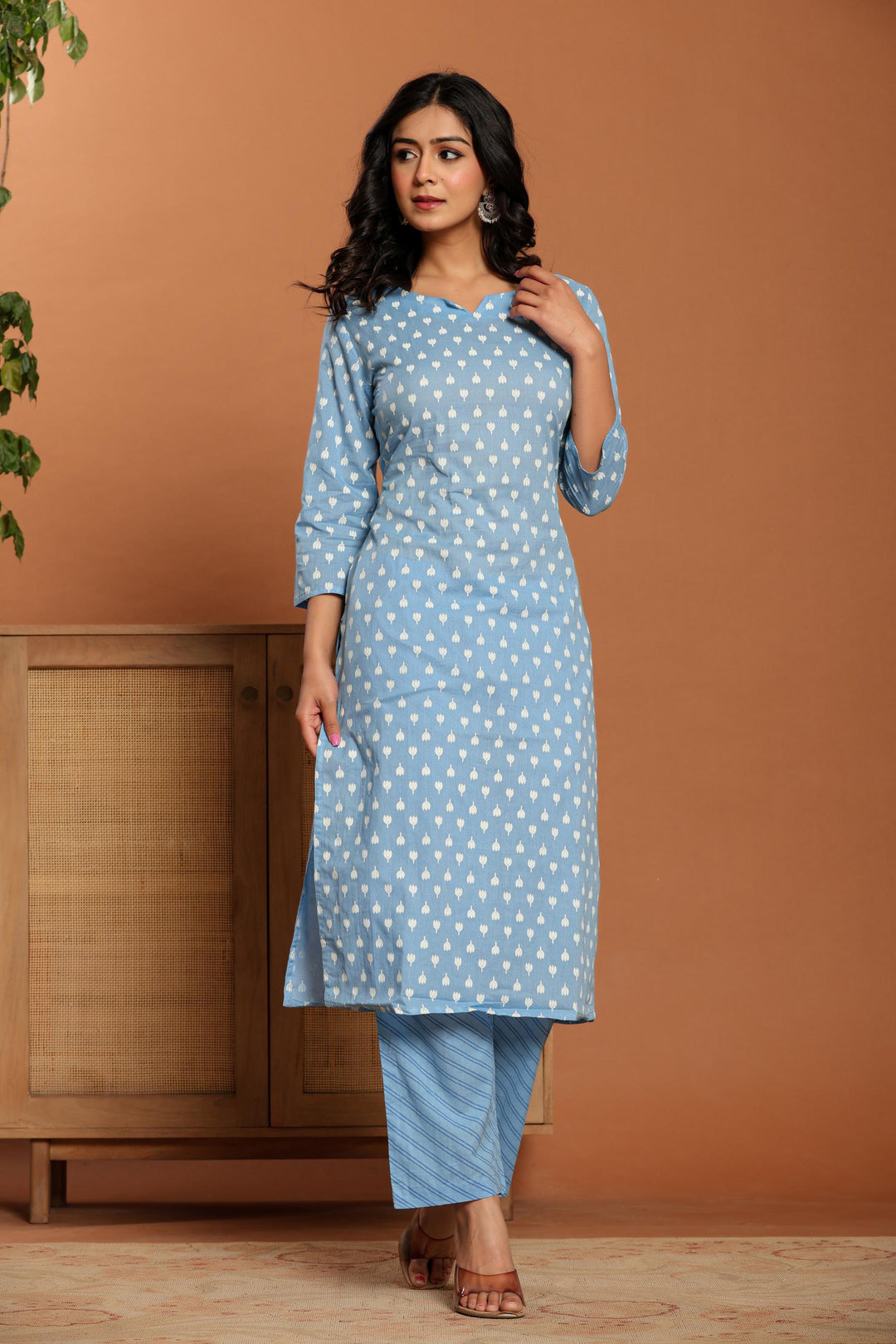 Sky Blue Printed Cotton Kurta Set - qivii