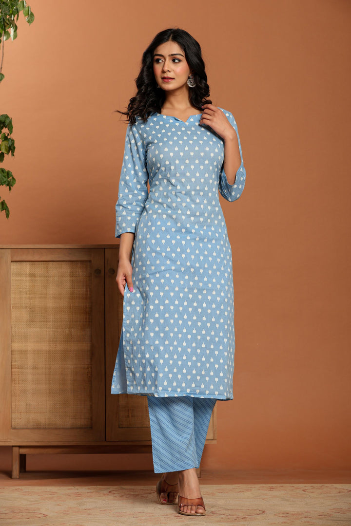 Sky Blue Printed Cotton Kurta Set - qivii