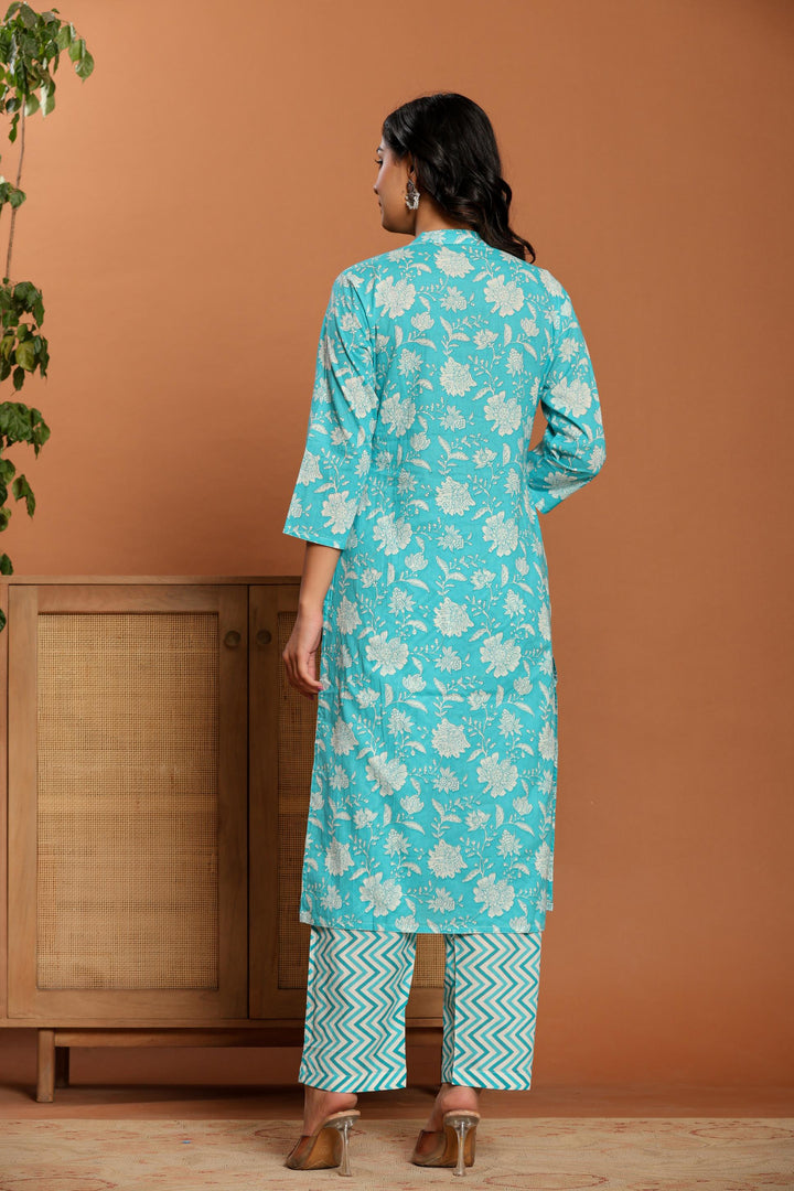 Blue Printed Cotton Kurta Set - qivii