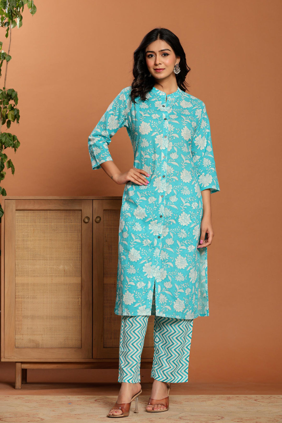 Blue Printed Cotton Kurta Set - qivii