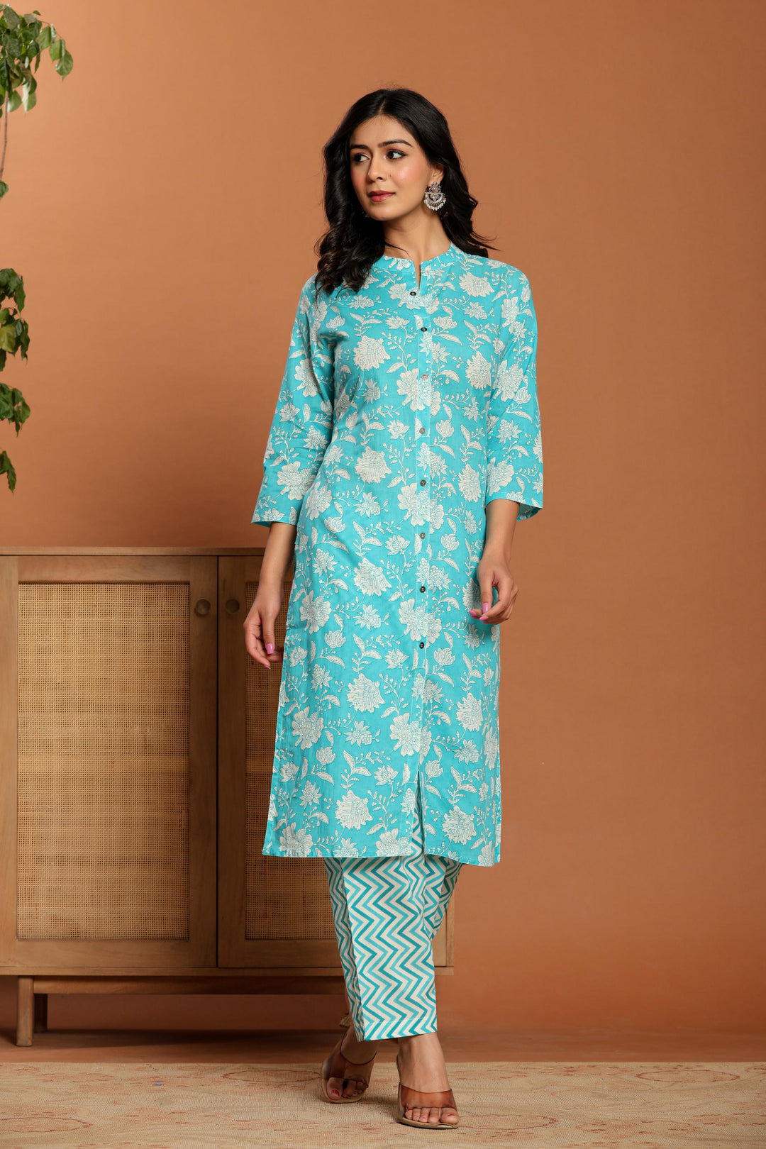 Blue Printed Cotton Kurta Set - qivii
