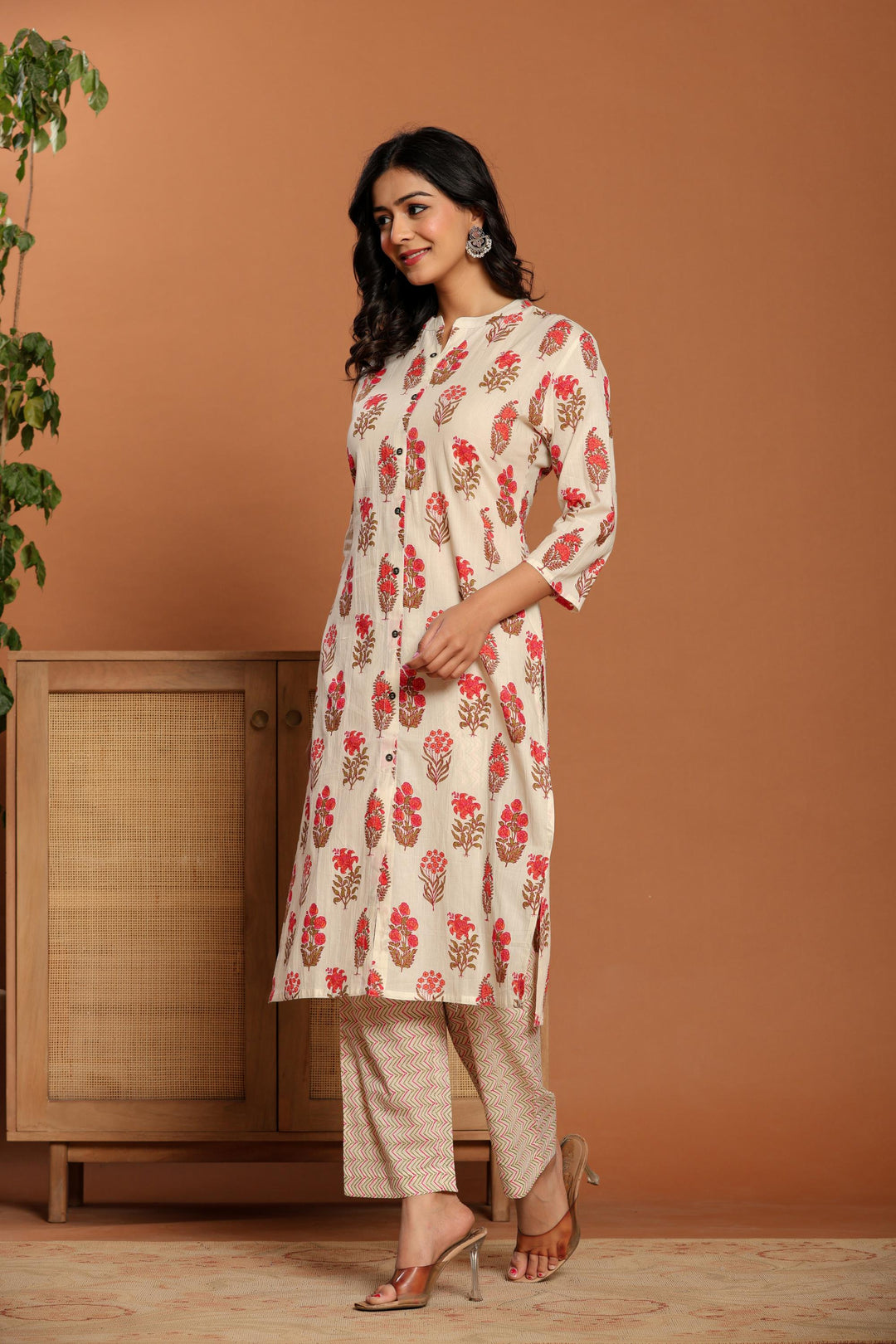 White Printed Cotton Kurta Set - qivii