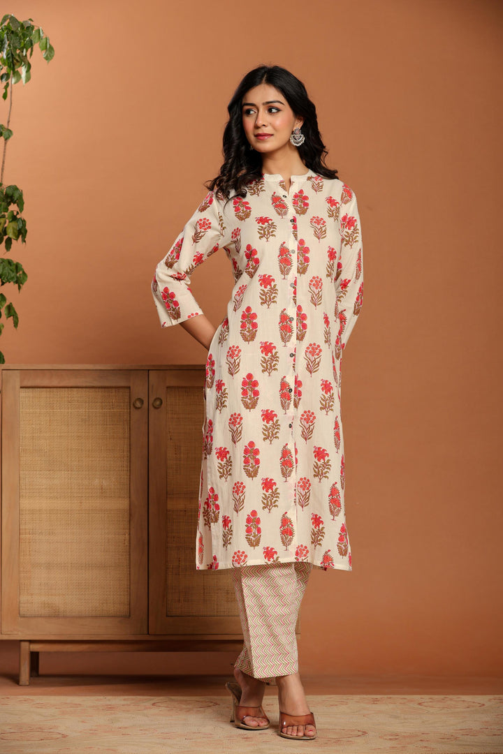White Printed Cotton Kurta Set - qivii
