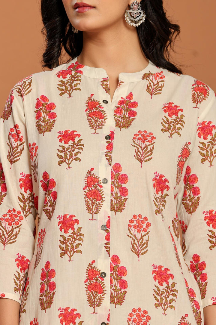 White Printed Cotton Kurta Set - qivii