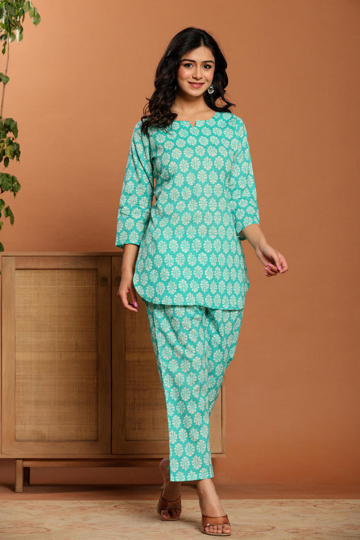 Green Printed Cotton Coord Set - qivii