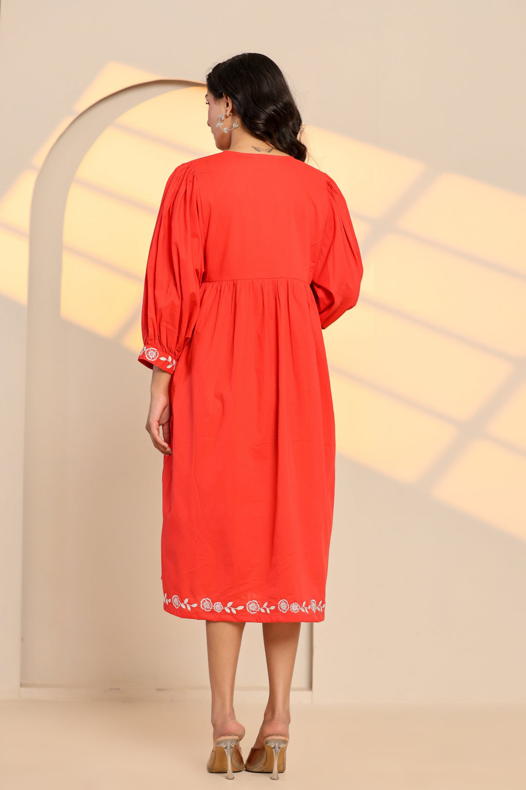Poppy Red Cotton Embroidered Midi Dress  - By Ragavi - qivii