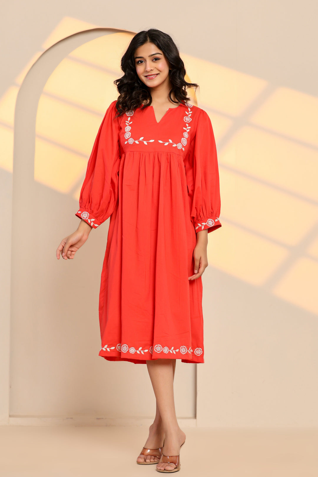 Poppy Red Cotton Embroidered Midi Dress  - By Ragavi - qivii