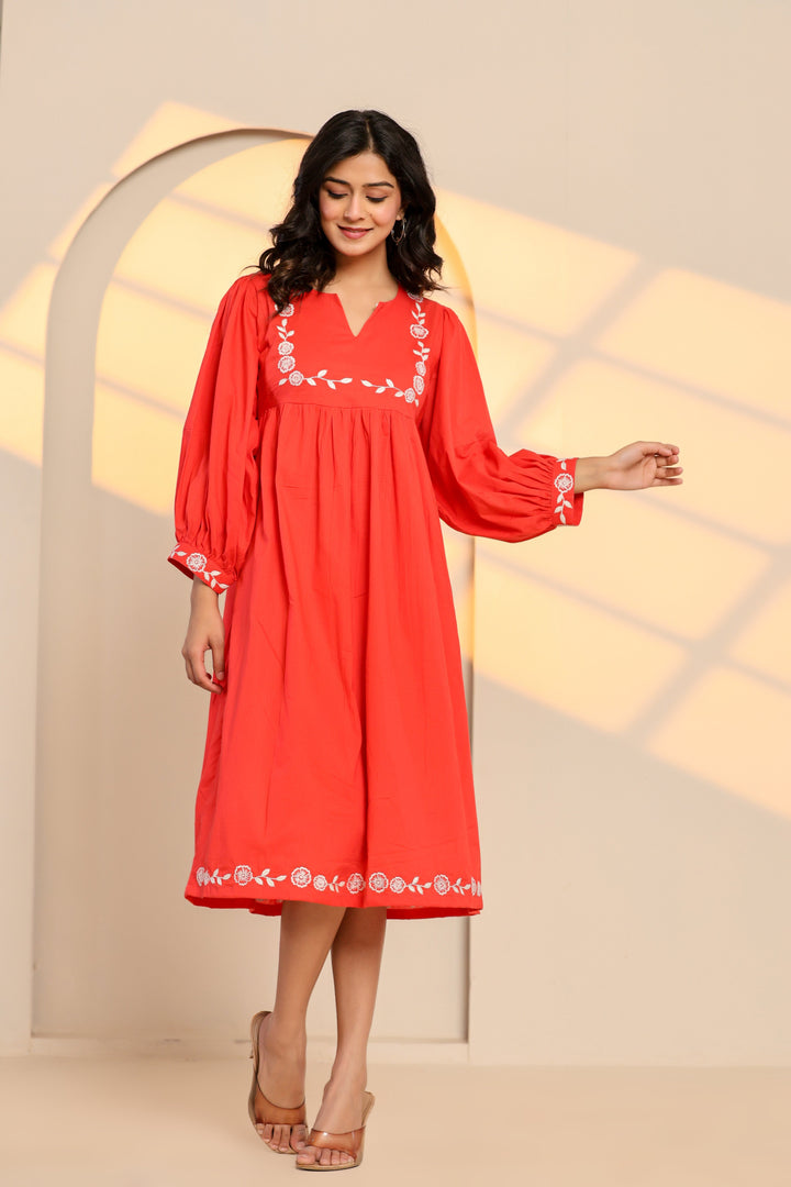 Poppy Red Cotton Embroidered Midi Dress  - By Ragavi - qivii