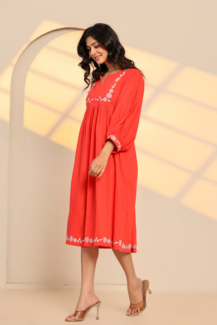 Poppy Red Cotton Embroidered Midi Dress  - By Ragavi - qivii